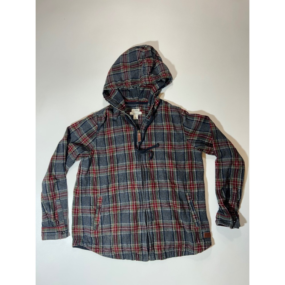 L.L.Bean Flannel Hoodie Womens Small Gray Red Plaid Excellent Relaxed Fit Zip